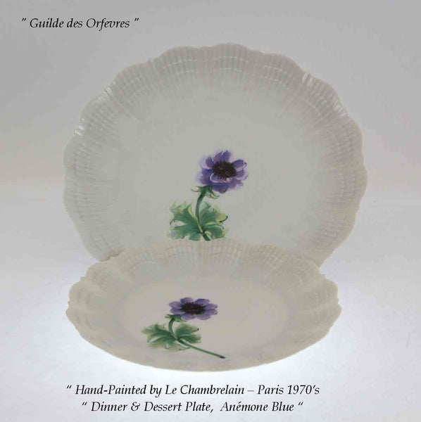 Rocaille Shape European Dinner & Dessert Plate painted with Blue Anémone