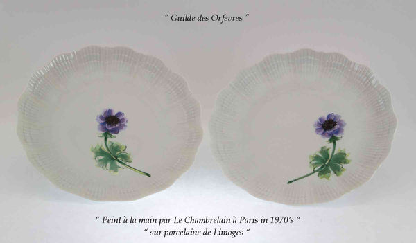 Pair Rocaille Shape European Dinner Plates painted with Blue Anémone