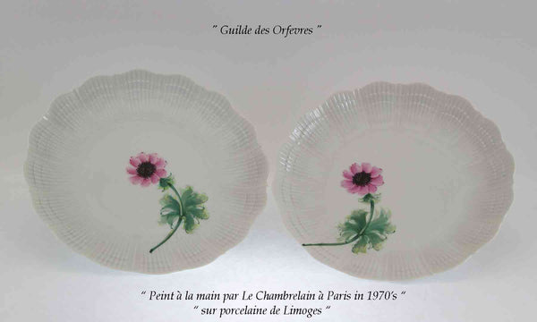 European Pair Rocaille Shape European Dinner Plates painted with Pink Anémone