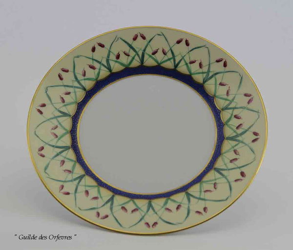 Hand-Painted European Dessert Plate, Reeds on Yellow Fond with Lappis Lazuly