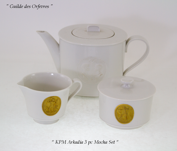 KPM 3 Pc. Mocha Set, Mocha Pot, Sugar & Creamer with Gold Medalion