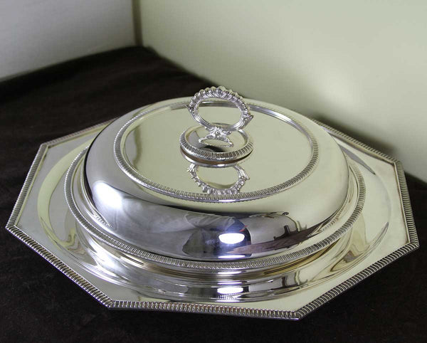 Silver Octagon Gadroon Vegetable Dish & Cover with Platter, Gadroon Mount