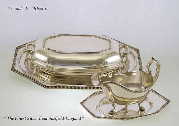 Set of 3 pc Octagonal Entree Dish & Cover, Oval Platter 14 in., Sauce Boat & Tray, Gadroon