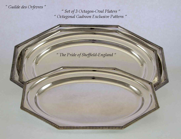 Set of 3 pc Octagonal Silver Oval Platters with Gadroon Applied Border