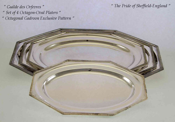 Set of 4 pc Octagonal Silver Oval Platters with Gadroon Applied Border