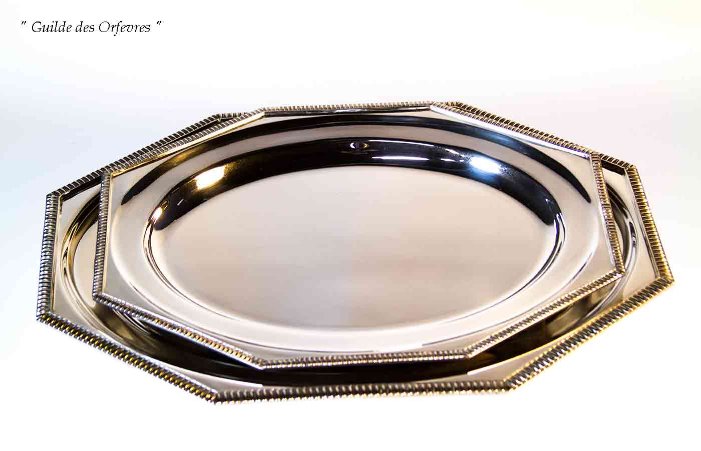 Silver Octagonal Round Platter 14 in. with Gadroon Applied Border