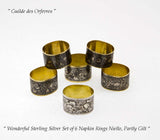 Wonderful Russian Sterling Silver Set of 6 Napkin Rings Niello, Partly Gilt.