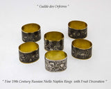 Wonderful Russian Sterling Silver Set of 6 Napkin Rings Niello, Partly Gilt.