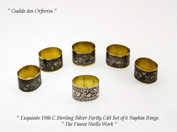 Wonderful Russian Sterling Silver Set of 6 Napkin Rings Niello, Partly Gilt.