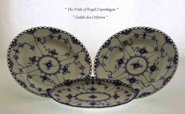 Blue Fluted Full Lace Dinner & Pickle Plates Blue Decoration, Pierced Border