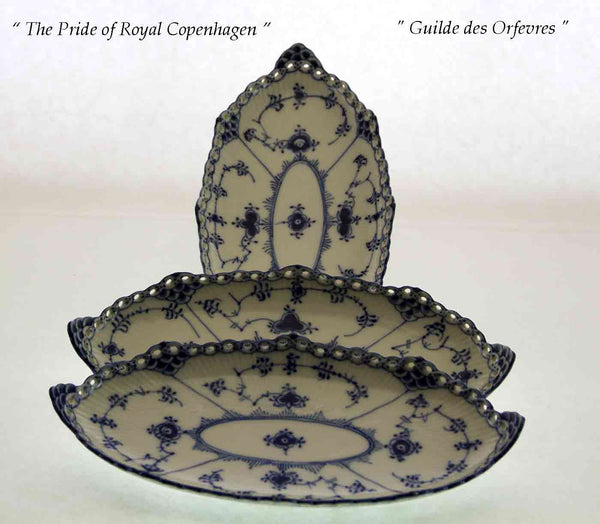 Blue Fluted Full Lace Set of 3 Pickle Dishes , Pierced Border