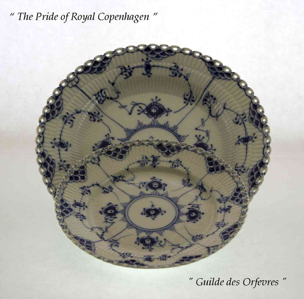 Blue Fluted Full Lace Dinner & Dessert Plates Blue Decoration, Pierced Border