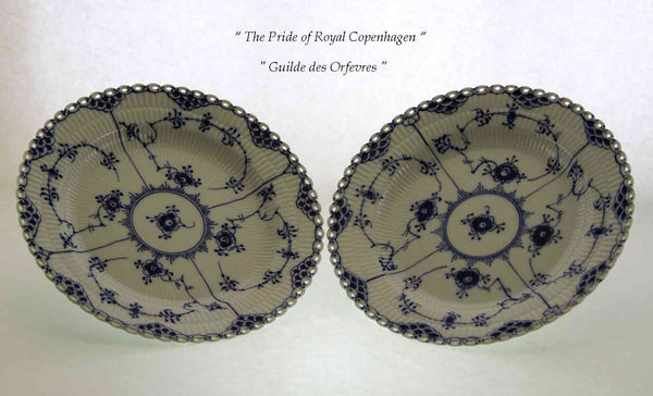 Blue Fluted Full Lace Pair Dinner Plates Blue Decoration , Pierced Border