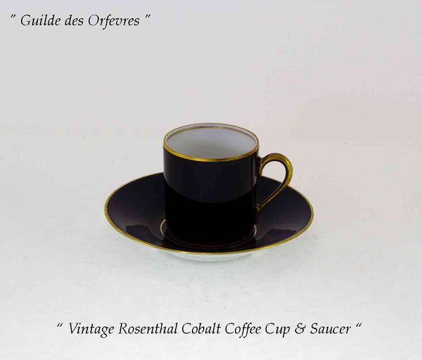 Set of 6 Mocha Cups & Saucer, Cobalt with Gold Rim