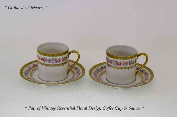 Pair Mocha Cups & Saucer, Rich Gold Decoration and Delicate Flowers