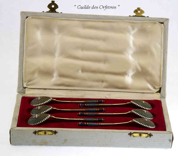 Enamel & Sterling Gilt Cloisonné Set of 6 Spoons