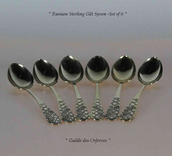 Vintage Set of 6 Russian Sterling Silver Spoons Gilt