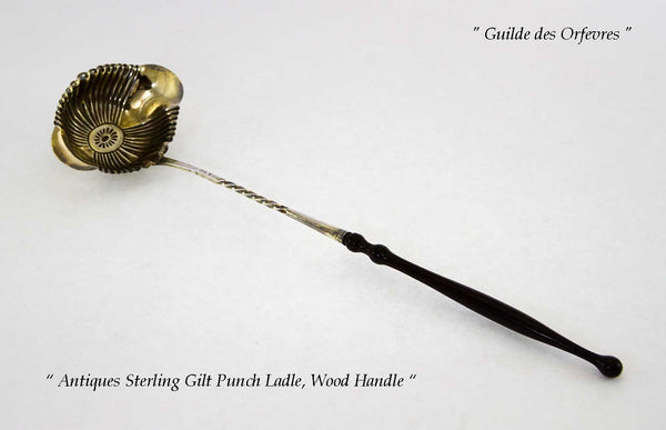 Charming Antique Sterling Silver Gilt Punch Ladle Wodden Handle