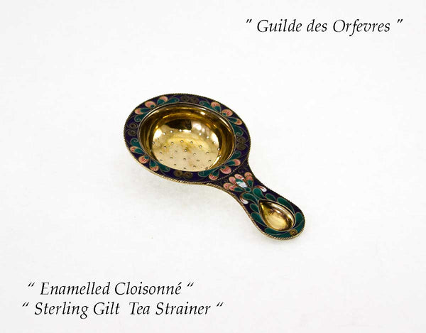 Sterling Gilt Tea Strainer with Multicolor Enameled Cloisonné