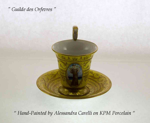 Collectors Cup & Saucers Yellow Fond with Medallion Painting