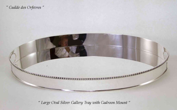 Silver Oval Gallery Tray, Gadroon Mount, Plain 27 in.