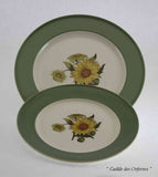 Collectors set of 3 European Dinner Plates, Pastel Green Band with Sun Flower