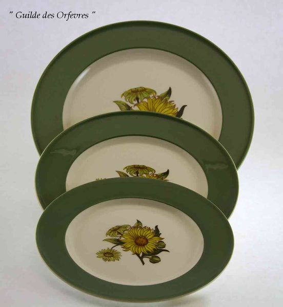 Collectors set of 3 European Dinner, Dessert & Salad Plates, Pastel Green Band with Sun