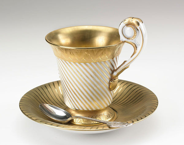 Collectors Coffee Cup & Saucer, Gold Stripes With Medallion