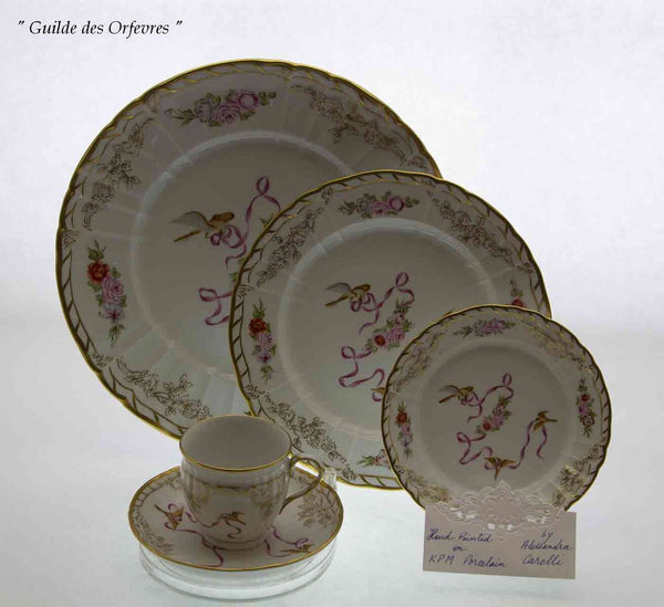 Hand-Painted 5-pc Place-Setting Rich Gold, Birds, Ribbons & Flowers